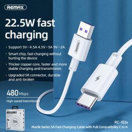 REMAX Série Marlik Câble de charge rapide 5A avec compatibilité totale RC-183а (Type-C) 2m Blanc