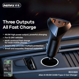 REMAX Série Alien III Chargeur de voiture 49,5W 2USB+Type-C RCC323 Noir